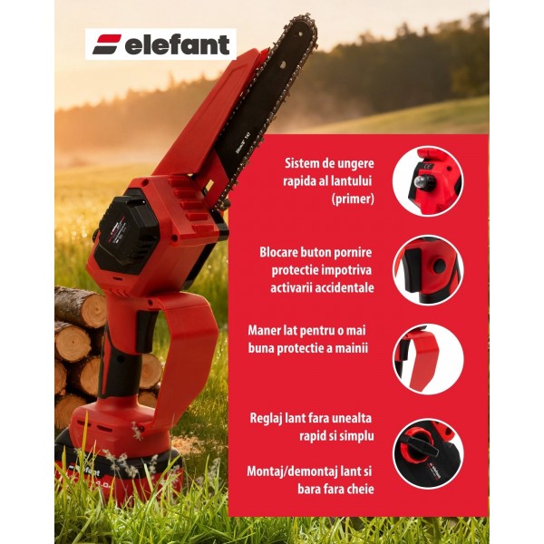Mini fierăstrău cu lanț și acumulator ELEFANT EBS-104, 20V / 4Ah, Brushless