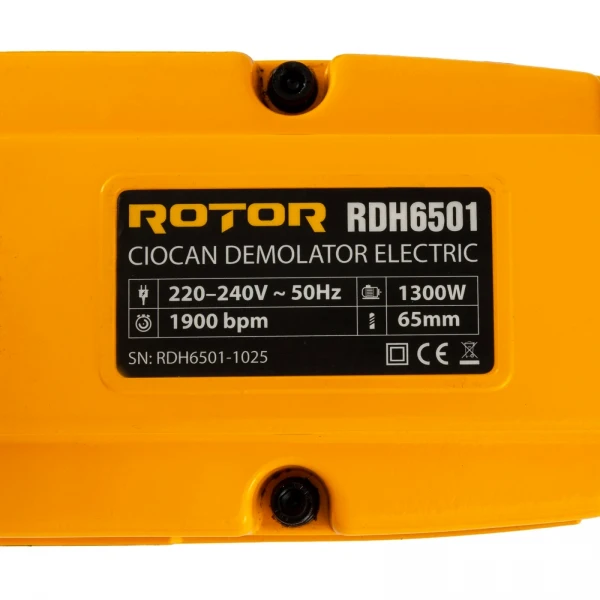 Ciocan demolator ROTOR RDH6501, 1300 W, 50 J, 1900 lovituri/min, HEX 65 mm, cu spit, daltă și valiză Ciocan demolator ROTOR RDH6501, 1300 W, 50 J, 1900 lovituri/min, HEX 65 mm, cu spit, daltă și valiză