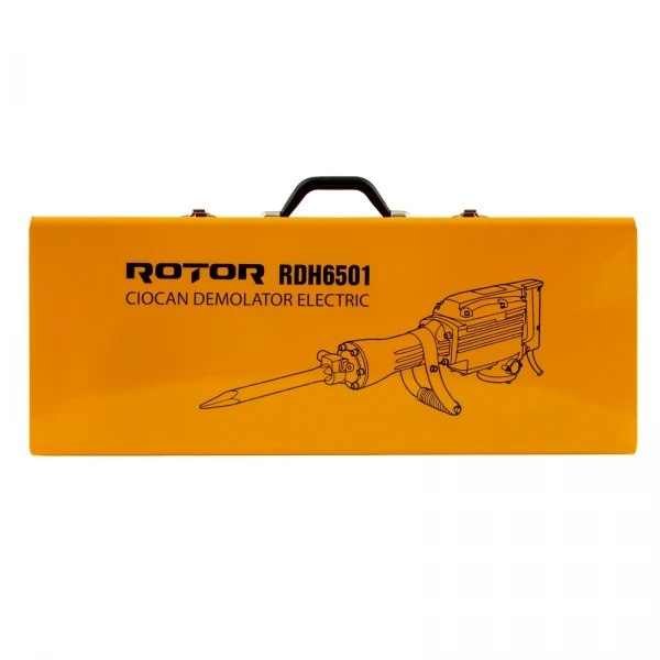 Ciocan demolator ROTOR RDH6501, 1300 W, 50 J, 1900 lovituri/min, HEX 65 mm, cu spit, daltă și valiză Ciocan demolator ROTOR RDH6501, 1300 W, 50 J, 1900 lovituri/min, HEX 65 mm, cu spit, daltă și valiză