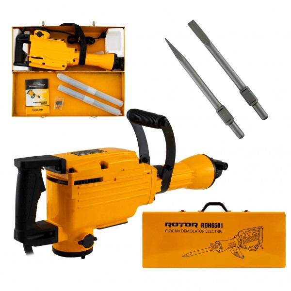 Ciocan demolator ROTOR RDH6501, 1300 W, 50 J, 1900 lovituri/min, HEX 65 mm, cu spit, daltă și valiză Ciocan demolator ROTOR RDH6501, 1300 W, 50 J, 1900 lovituri/min, HEX 65 mm, cu spit, daltă și valiză