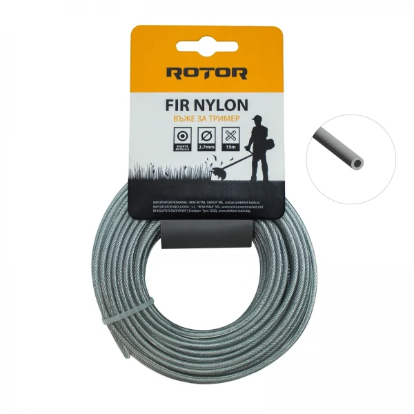Fir nylon cu inserție oțel, profil rotund 2,7 mm x 15 m pentru motocoasă ROTOR
