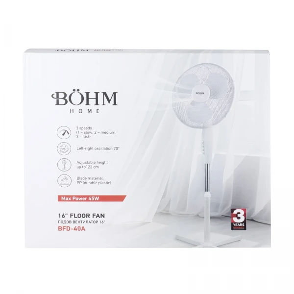 Ventilator de podea 16" BÖHM BFD-40A, 45W, 3 trepte de viteză