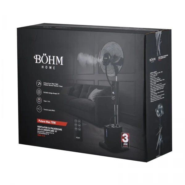 Ventilator cu pulverizare apă și umidificare 16" BÖHM BME-01A, 70W, 3 trepte de viteză, 3 moduri ventilare
