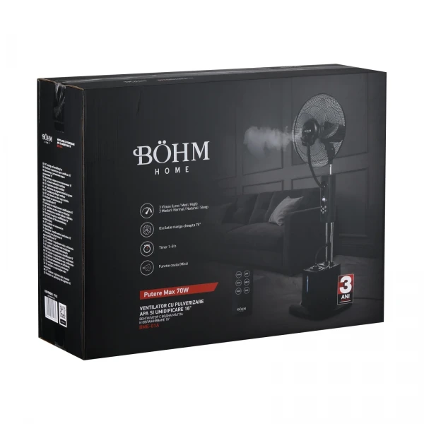 Ventilator cu pulverizare apă și umidificare 16" BÖHM BME-01A, 70W, 3 trepte de viteză, 3 moduri ventilare