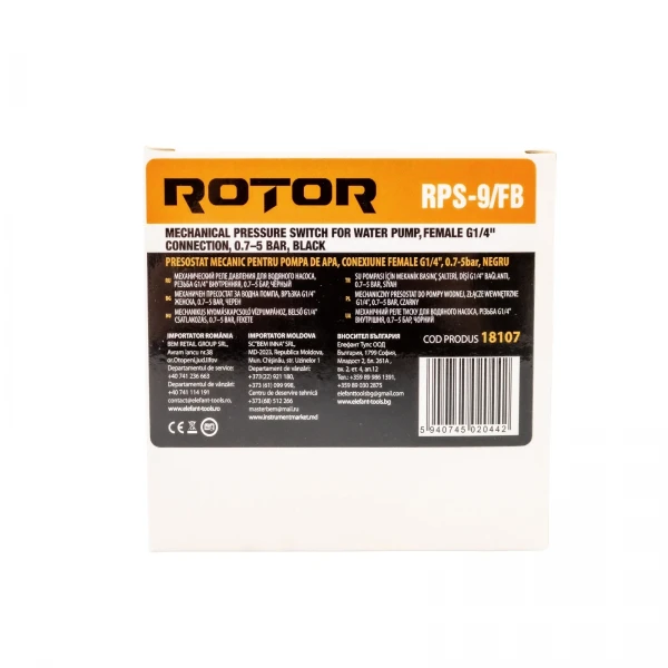Presostat mecanic pentru pompă de apă ROTOR RPS-9/FB , filet interior: G1/4", 0.7–5 bar