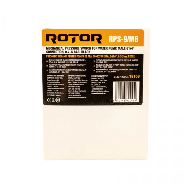 Presostat mecanic pentru pompă de apă ROTOR RPS-9/MB, filet exterior: G1/4", 0.7–5 bar Presostat mecanic pentru pompă de apă ROTOR RPS-9/MB, filet exterior: G1/4", 0.7–5 bar
