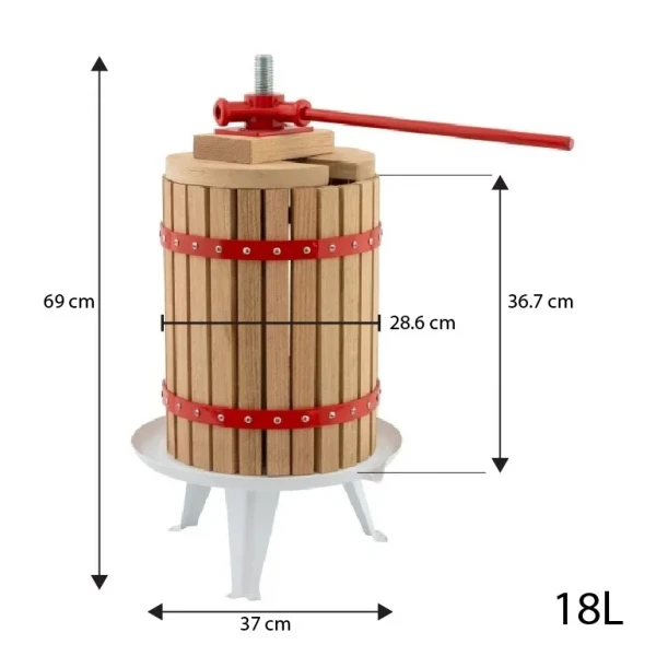 Presa manuala pentru fructe ROTOR FP-18, 18 L, cuva Ø28,6 cm, lemn masiv de stejar, fonta si otel