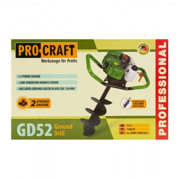 Motoburghiu pe benzina, motor 2 timpi, Procraft GD52, 2CP, 58 cm³, 1 Burghiu inclus 150x800mm
