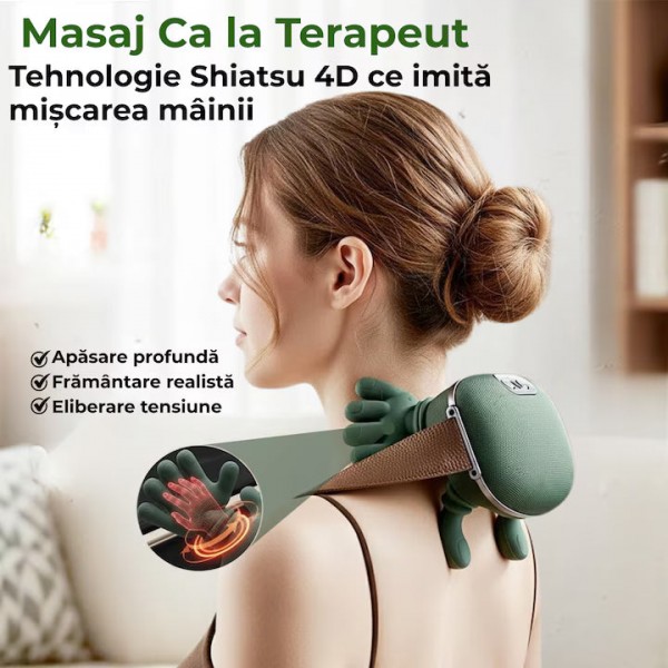 Aparat de Masaj Cervical 4D Shiatsu, Multifuncțional, Încălzire Infraroșu 45°C, 3 Intensități, Wireless, Autonomie 70 min, Ergonomic pentru Gât, Umeri și Spate